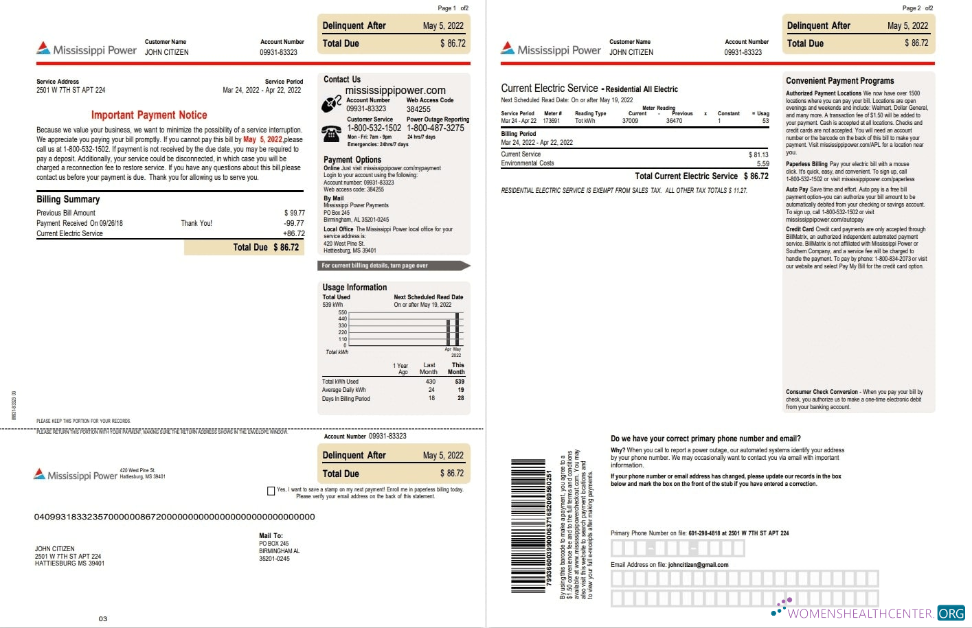 download download USA Mississippi Power utility bill, Word and PDF template, 2 pages PDF template PDF template